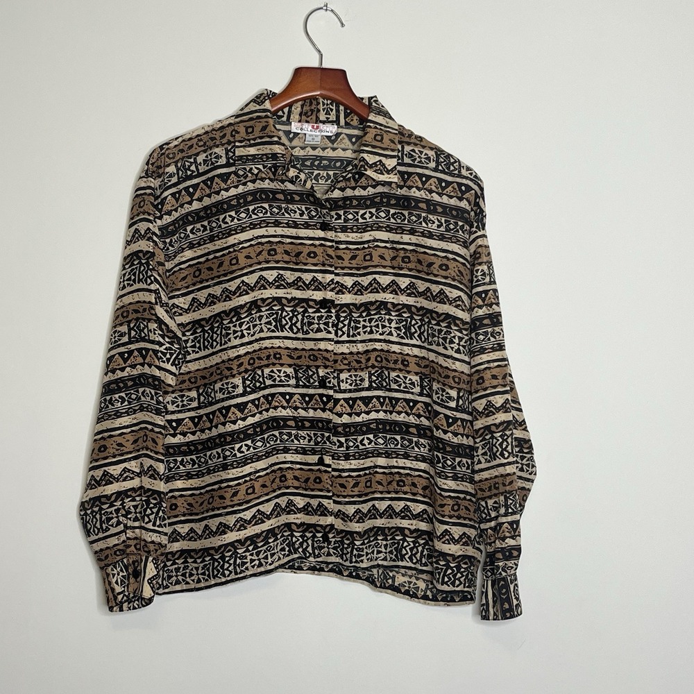 Vintage 80's 90's Women's Silk Top Sz Medium‎ Cowgirl Aztec Boho Western Grunge